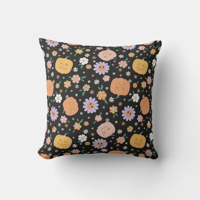 Retro Halloween Pumpkins and Flowers Pattern Cushion (Front)