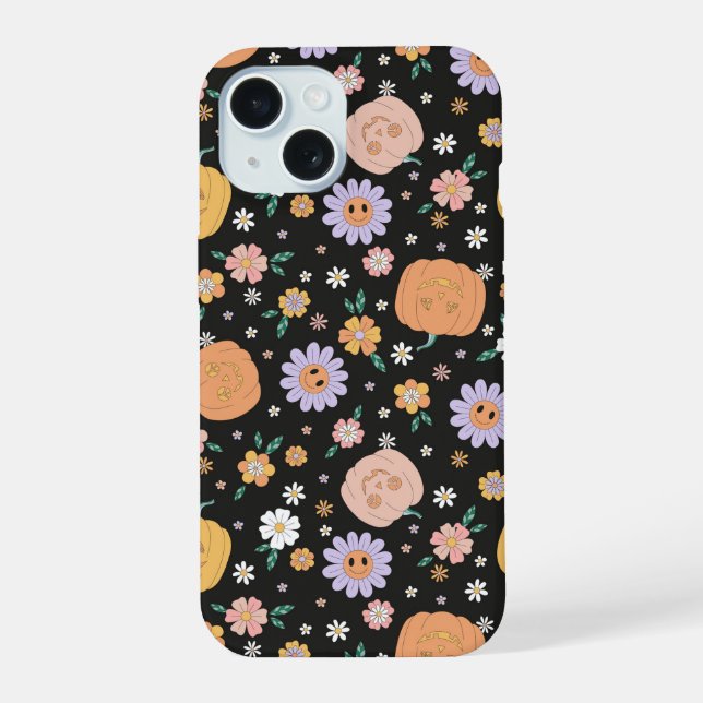Retro Halloween Pumpkins and Flowers Pattern iPhone 15 Case (Back)