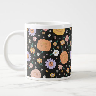 Retro Halloween Pumpkins and Flowers Pattern Large Coffee Mug