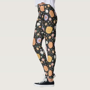 Retro Halloween Pumpkins and Flowers Pattern Leggings