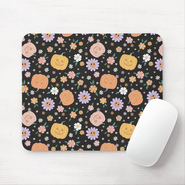 Retro Halloween Pumpkins and Flowers Pattern Mouse Pad (With Mouse)