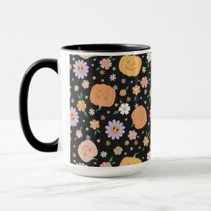 Retro Halloween Pumpkins and Flowers Pattern Mug
