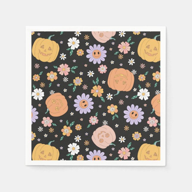 Retro Halloween Pumpkins and Flowers Pattern Napkin (Front)