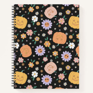 Retro Halloween Pumpkins and Flowers Pattern Notebook