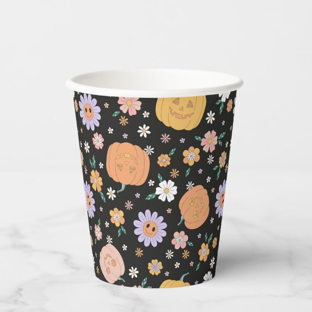 Retro Halloween Pumpkins and Flowers Pattern Paper Cups (Front)