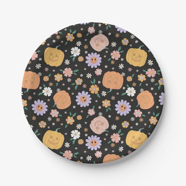 Retro Halloween Pumpkins and Flowers Pattern Paper Plate (Front)