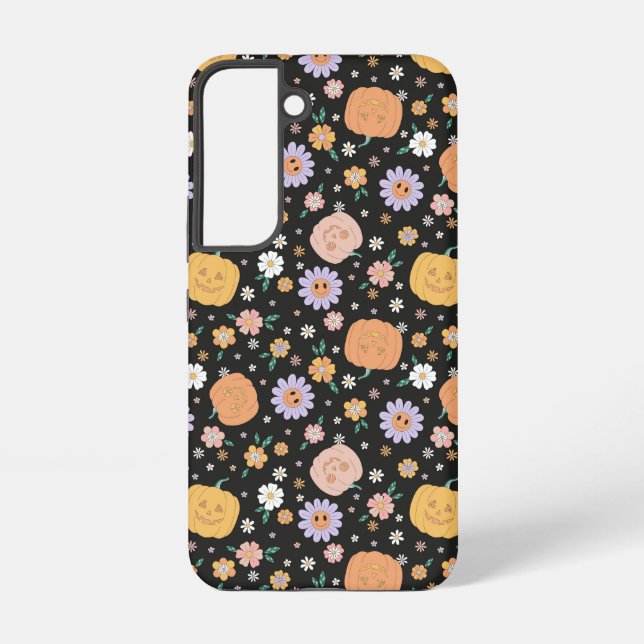Retro Halloween Pumpkins and Flowers Pattern Samsung Galaxy S22 Case (Back)