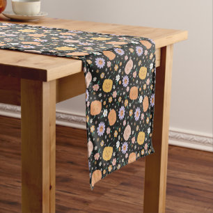 Retro Halloween Pumpkins and Flowers Pattern Short Table Runner