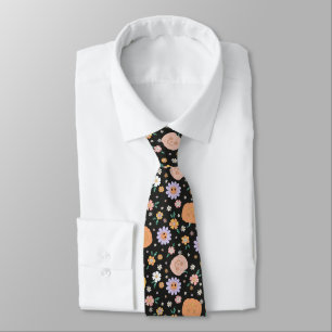 Retro Halloween Pumpkins and Flowers Pattern Tie