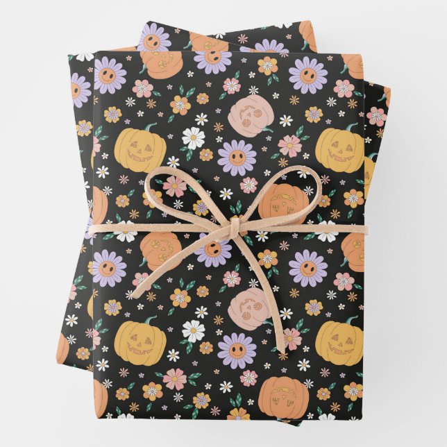 Retro Halloween Pumpkins and Flowers Pattern Wrapping Paper Sheet (In situ)