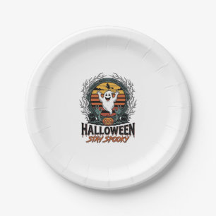 Retro Halloween Shirt with Engraved Ghost Moon Des Paper Plate