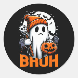 Retro Halloween Shirts For Men Women Bruh Ghost Ha Classic Round Sticker