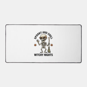 Retro Halloween Skeleton Engraving Witchy Broom Sh Desk Mat
