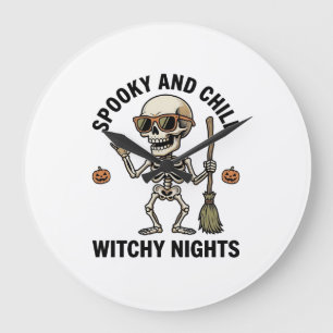 Retro Halloween Skeleton Engraving Witchy Broom Sh Large Clock