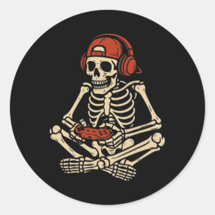 Retro Halloween Skeleton Gamer Video Gaming Boys M Classic Round Sticker
