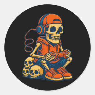 Retro Halloween Skeleton Gamer Video Gaming Boys M Classic Round Sticker