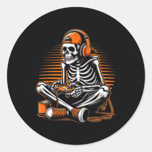 Retro Halloween Skeleton Gamer Video Gaming Boys M Classic Round Sticker