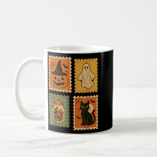 Retro Halloween Stamps Pumpkin Ghost Black Cat Coffee Mug