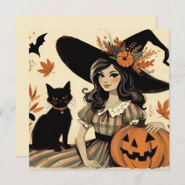 Retro Halloween Witch and Black Cat Cute Card (Front/Back)