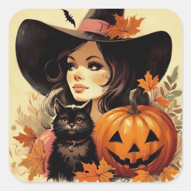 Retro Halloween Witch and Black Cat Spooky Square Sticker (Front)