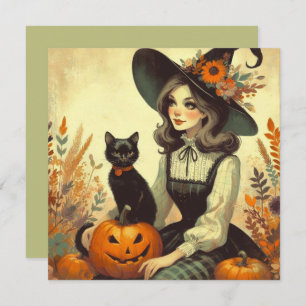 Retro Halloween Witch and Black Flat Greeting Card