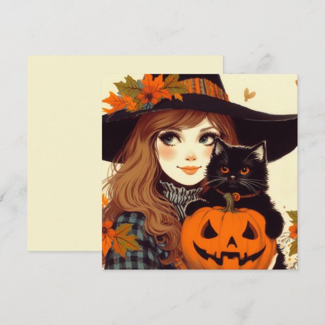 Retro Halloween Witch Cute Flat Greeting Card (Front/Back)