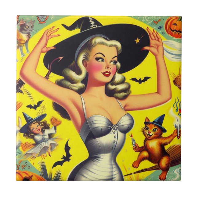 Retro Halloween Witch Pin-up Ceramic Tile (Front)