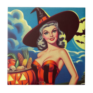 Retro halloween Witch Pin-up Ceramic Tile