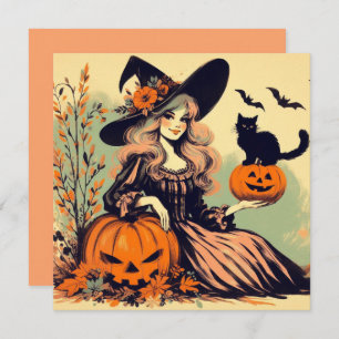 Retro Halloween Witch with Black Cat and Pumpkin Card