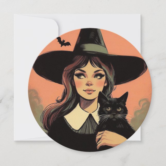 Retro Halloween Witch with Black Cat Card (Front)