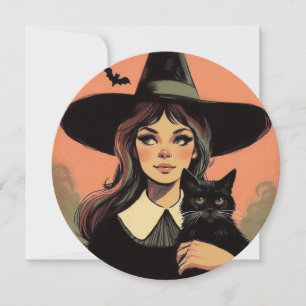 Retro Halloween Witch with Black Cat Card