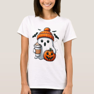 Retro Halloween Women Shirt Cute Ghost Drink Pumpk