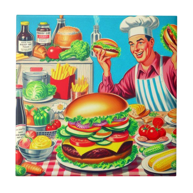 Retro Hamburger Comic Illustration Ceramic Tile (Front)