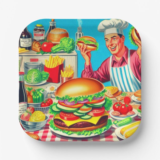 Retro Hamburger Comic Illustration Paper Plate (Front)