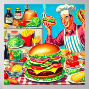 Retro Hamburger Comic Illustration Poster