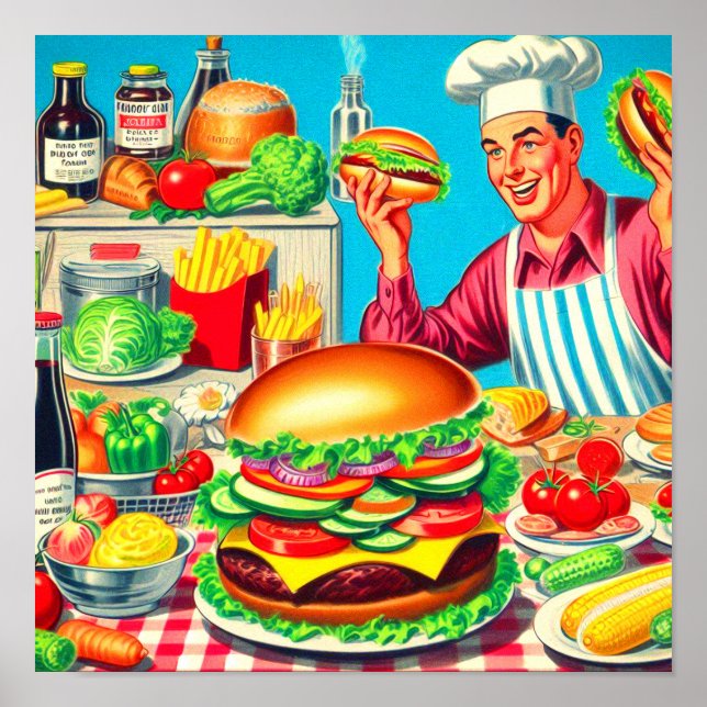 Retro Hamburger Comic Illustration Poster (Front)