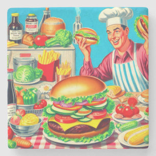 Retro Hamburger Comic Illustration Stone Coaster