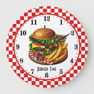Retro hamburger fries 50's diner large clock