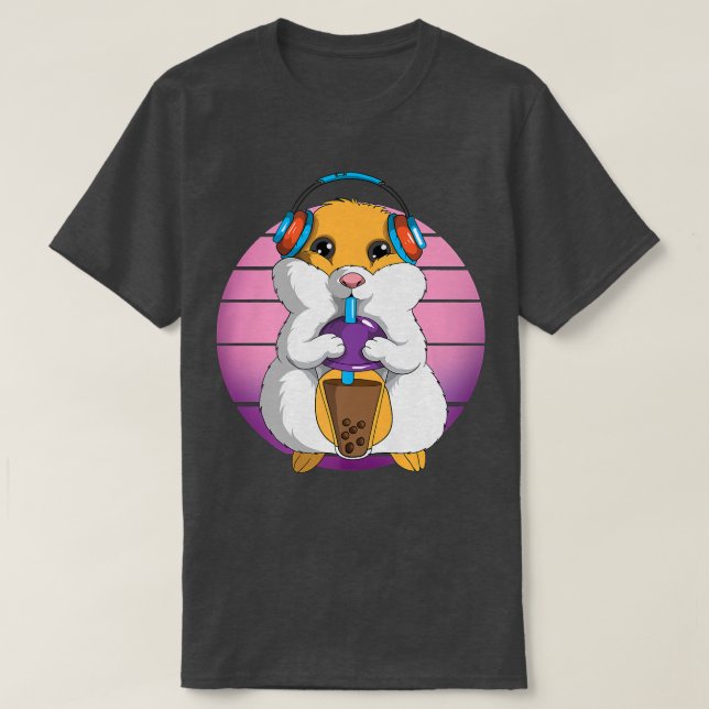 Retro Hamster K-Pop Tea Drink Headphone Music Kawa T-Shirt (Design Front)