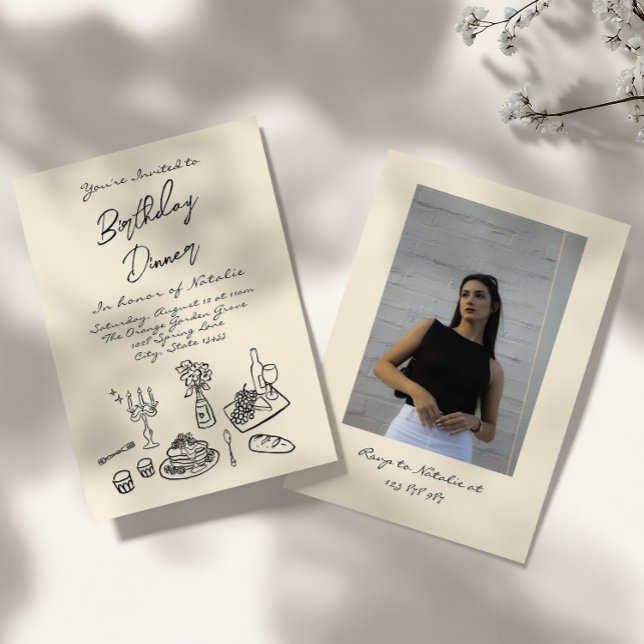 Retro Hand Drawn Birthday Dinner Party Photo Invitation (Creator Uploaded)