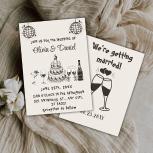 Retro Hand Drawn Black Cake Modern Wedding Invitation