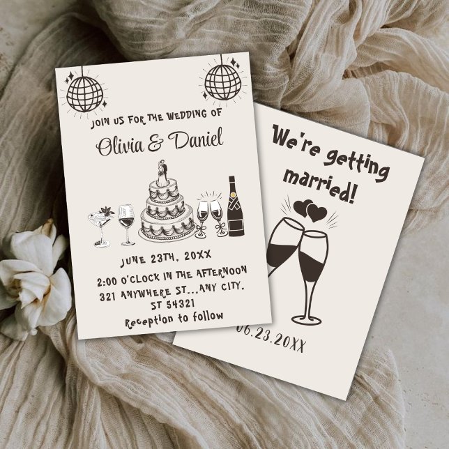 Retro Hand Drawn Black Cake Modern Wedding Invitation (Creator Uploaded)
