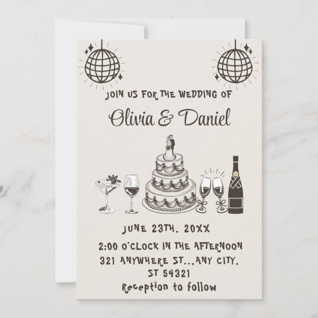 Retro Hand Drawn Black Cake Modern Wedding Invitation (Front)