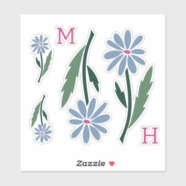 Retro Hand Drawn Blue Flowers Pink Monogram (Sheet)