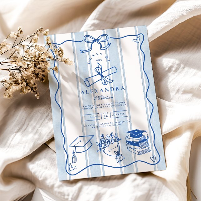 Retro Hand Drawn Blue Graduation Invitation (Creator Uploaded)