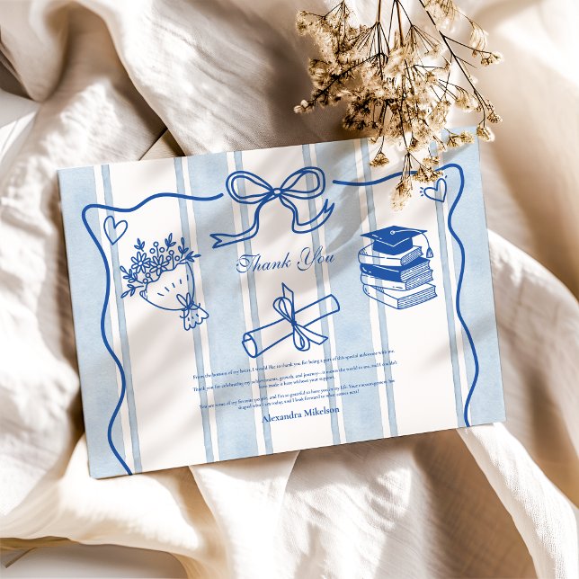 Retro Hand Drawn Blue Graduation Thank You Card (Creator Uploaded)