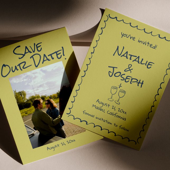Retro Hand Drawn Blue Green Funky Photo Wedding   Save The Date (Creator Uploaded)