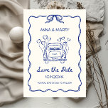 Retro Hand-drawn Blue Unique Bow Wedding Car Save The Date<br><div class="desc">Announce your wedding with a playful and stylish touch using this hand-illustrated Save the Date card, designed to capture the excitement of your big day in a unique way! Perfect for couples looking for a fresh and trendy wedding announcement, this whimsical design features a classic wedding car towing heart-shaped balloons,...</div>