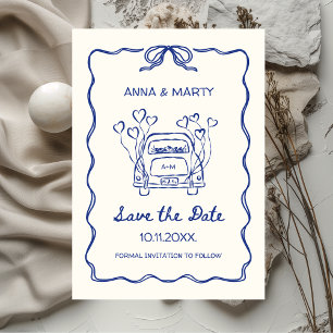 Retro Hand-drawn Blue Unique Bow Wedding Car Save The Date