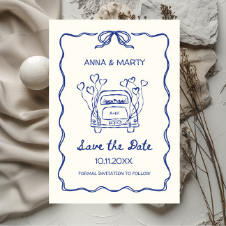 Retro Hand-drawn Blue Unique Bow Wedding Car Save The Date